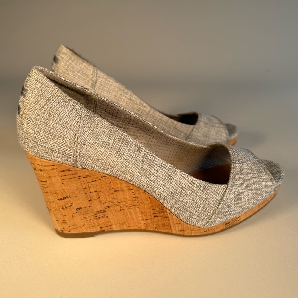 TOMS Stella Grey Woven Peep-Toe Wedge - Picture 3 of 12